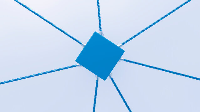 3D rendering of blue cube attached to ropes