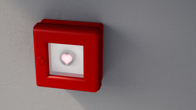 Fire alarm with shining heart on grey wall