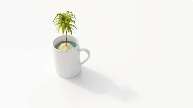 Island with palm in coffee mug, 3D Rendering