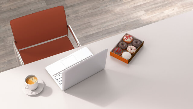Coffe break in the office, cup of coffee and donuts by laptop on desk