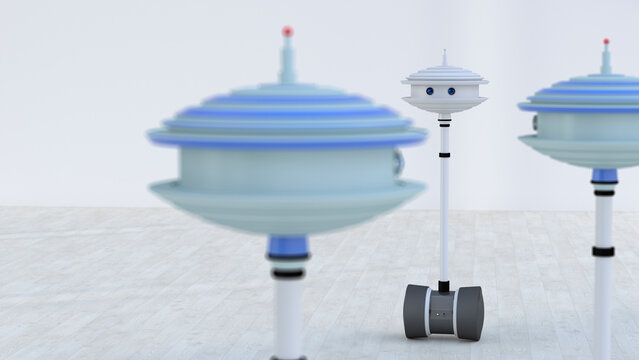Three robots in a room, 3d rendering