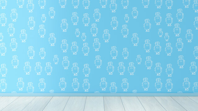 Wallpaper with robot pattern and wooden floor, 3D Rendering