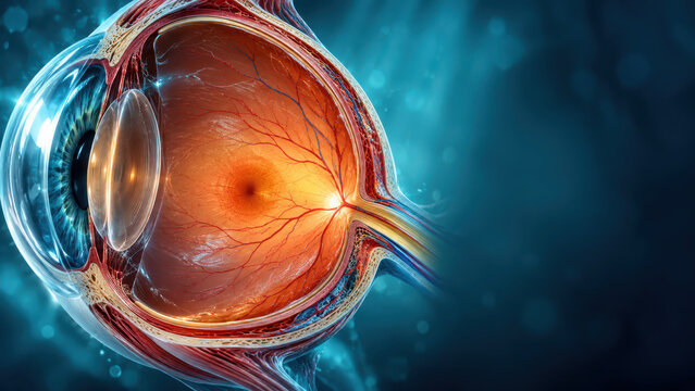 Eye anatomy illustration showing cornea lens retina optic nerve and blood vessel detail in luminous medical cross section with vivid biological structure and educational clarity