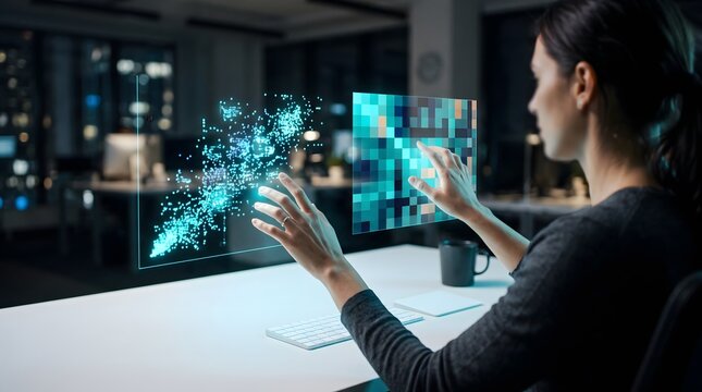 Woman touching futuristic holographic interface display. Digital data analysis, artificial intelligence. Modern office, innovation, technology concept. Augmented reality, virtual visualization