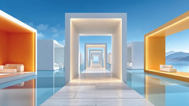 White corridor with glowing orange and yellow recessed walls leading to distant sea view under clear blue sky, modern architecture concept