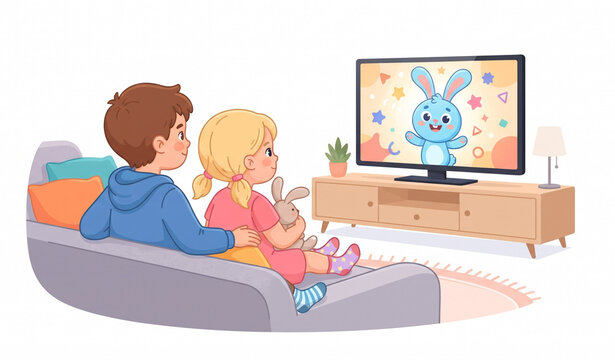 Kids watch tv. Children movie home little boy girl watches tv set displaying picture screen character electric monitor cartoon vector concept