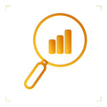 Golden magnifying glass with bar chart icon representing data analysis, market research, SEO, and business growth on a white background