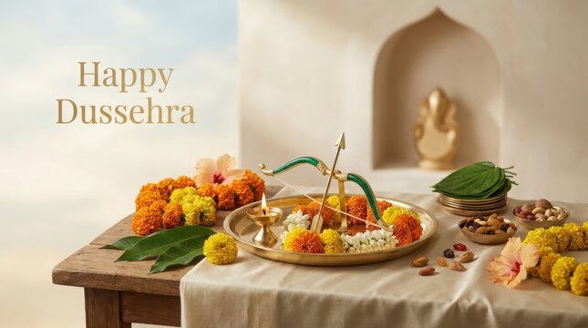 Golden happy Dussehra text on wooden table with bow and arrow diyas and flower garlands for festive occasion.