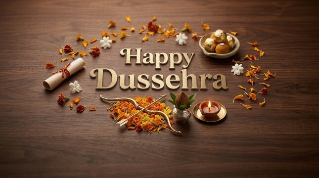 Happy dussehra festive display with golden text marigold petals traditional gifts and diya on wooden table.