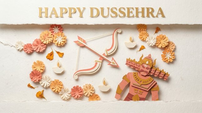 Dussehra paper craft with Ravana bow arrow diyas and floral decorations festive background.