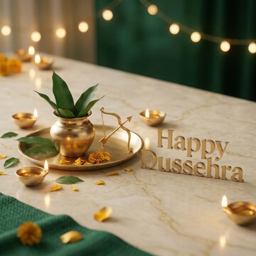 Happy Dussehra golden bow arrow on tray with mango leaves and diyas for indian festival background.