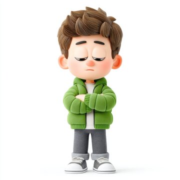 Sad Young Boy in Green Puffer Jacket 3D Render