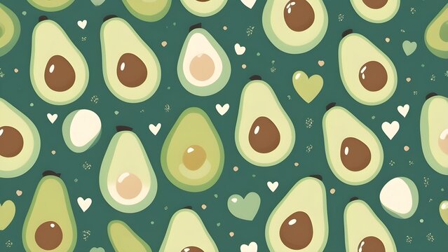 Cute seamless avocado pattern with hearts on a green background. Healthy food illustration, vibrant fruit wallpaper design.