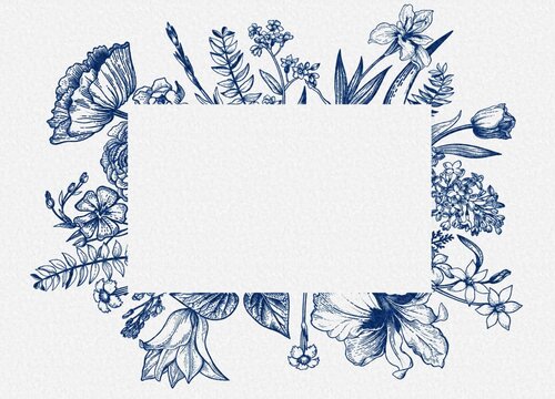 blue botanical frame, hand drawn floral border, vintage wild flower line art drawing, rectangular card template, blank copy space center, textured white paper background