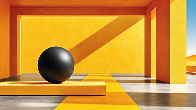 Black sphere resting on yellow platform inside geometric orange and yellow architectural space with strong diagonal shadow