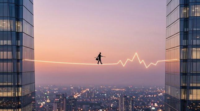 Brave silhouette walks glowing pulse tightrope, High skyscraper bridge creates extreme risk, Medical heartbeat line represents survival challenge, Corporate professional crosses dangerous urban gap