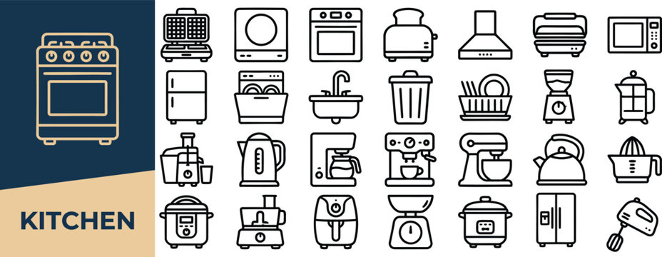 Kitchen appliances and equipment outline icon set. Featuring oven, refrigerator, dishwasher, blender, and coffee maker symbols. Vector icons for household kitchen product catalogs.