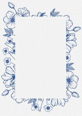 blue floral border frame, delicate hand drawn flowers and leaves line art, rectangular card template with blank copy space, elegant botanical sketch, fine paper textured background design © Charan suvvada 