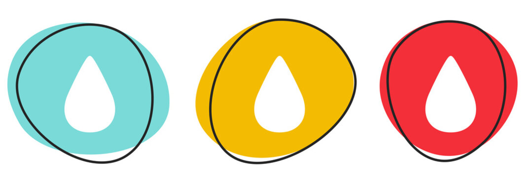 Button Banner Set mit 3 bunten Buttons: Tropfen, &Ouml;l oder Wasser