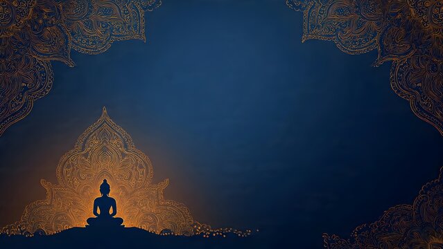 Golden meditating silhouette with ornate mandala patterns on dark blue background