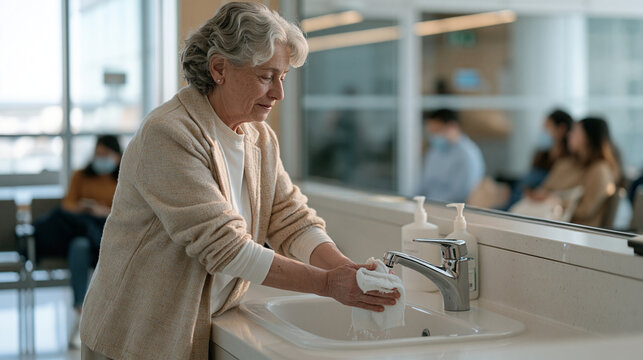 Georgian grandmother washing hands at hospital sink before first sanctioned visit to NICU, family waiting area visible beyond glass partition, infection control protocol, newborn