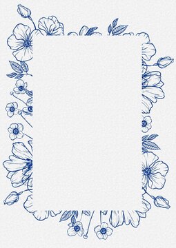 blue floral border frame, delicate hand drawn flowers and leaves line art, rectangular card template with blank copy space, elegant botanical sketch, fine paper textured background design