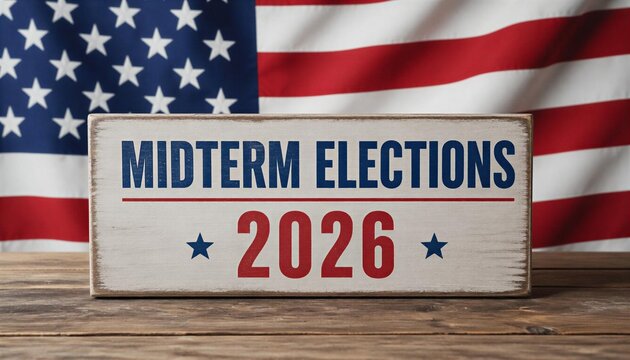 Midterm Elections 2026 sign placed on a wooden table with US flag