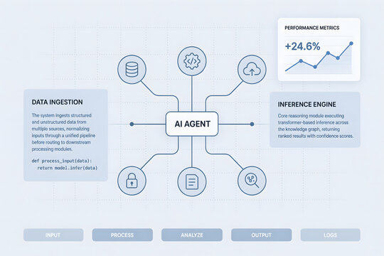AI agent architecture diagram with data processing nodes and