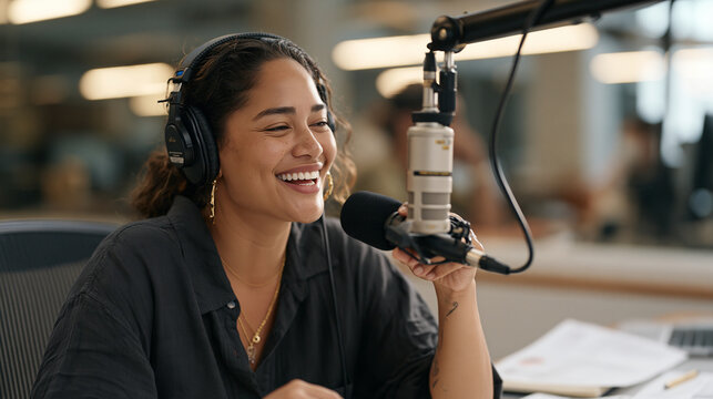 Samoan voice artist delivering dubbed public health announcement translation in government recording studio, community service localization, Pacific Island broadcasting,