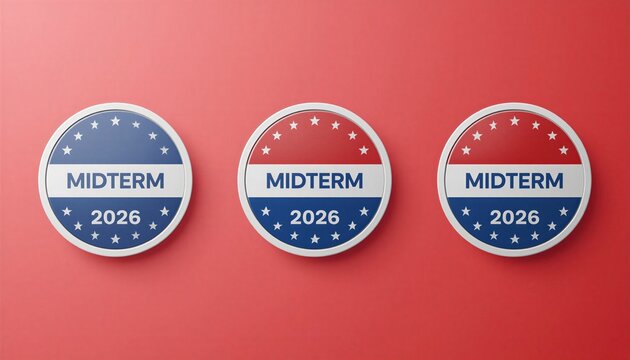Midterm 2026 election campaign buttons on a red background