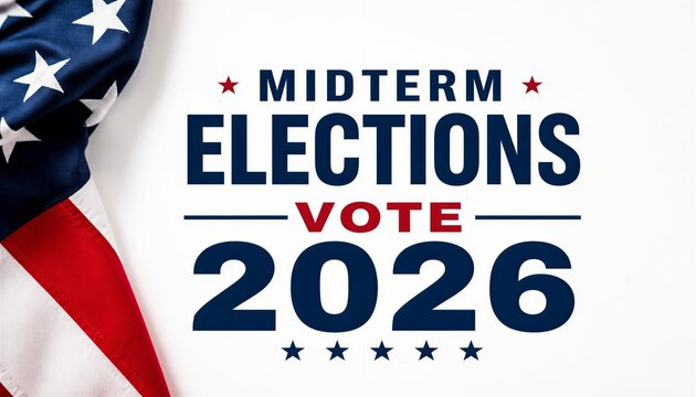Midterm Elections 2026 text with American flag for political campaign