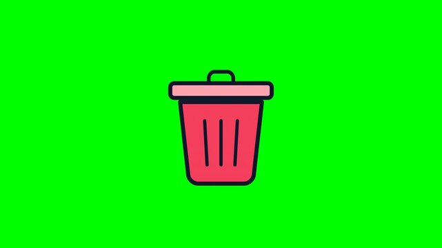 Pink trash bin icons with lids opening on green screen background