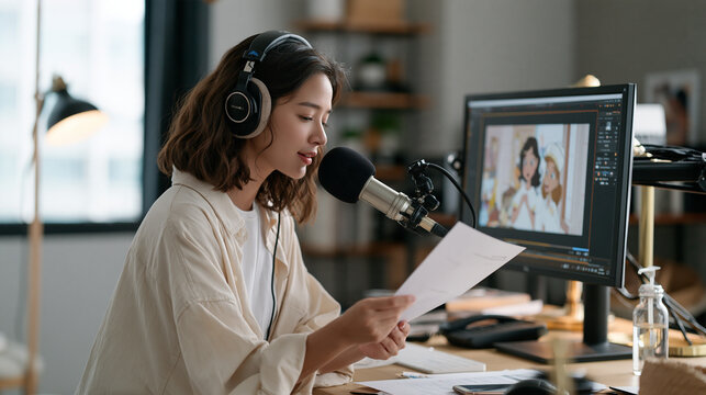 Vietnamese animation dubbing studio with original American cartoon paused on reference screen while actress checks breath support before recording, technical preparation moment,