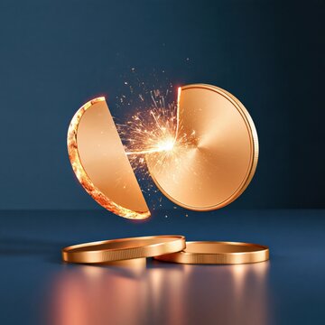 Golden coin splitting with sparks against dark blue background, symbolic of crypto halving event, dramatic lighting and reflective surface