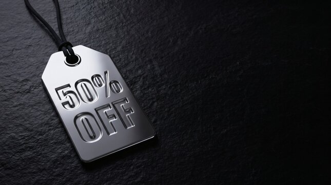 Shiny chrome tag with '50% OFF' engraved, representing discount, sale, and e-commerce.
