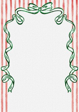 Hand painted green ribbon frame with bow on red striped background, Christmas festive border design, vertical stripes, holiday stationery background, paper texture, copy space for text