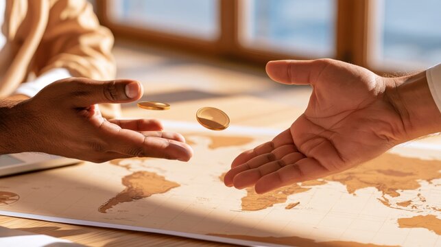 Two hands exchanging golden coins over world map, symbolizing international remittance and global finance, warm sunlight highlights transaction