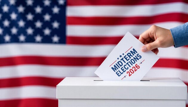 Person casting a ballot in the 2026 midterm elections with US flag