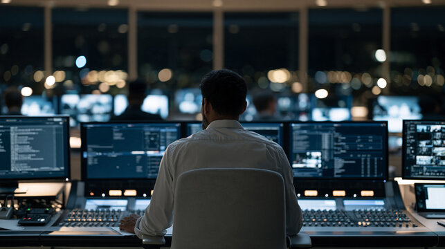 Wide view of dubbing studio control room at night shift, engineer alone monitoring six hours of localized audio, overtime post-production session, blue monitor glow across mixing