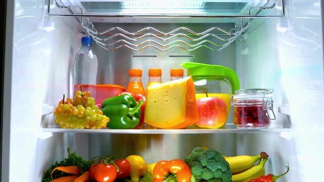 Fresh vegetables and fruits organized inside a brightly lit refrigerator