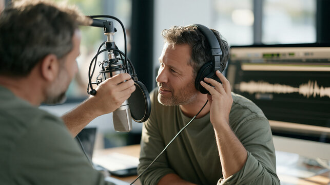 Sound supervisor adjusting headphone mix for voice actor between dubbing takes, both focused on waveform timeline frozen on monitor, ADR spotting session, collaborative