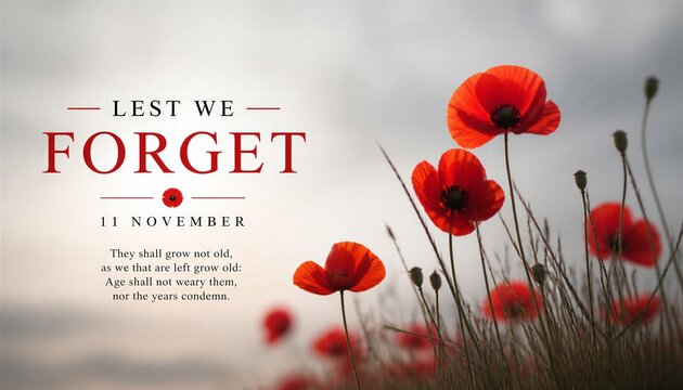 Remembrance Day red poppy flowers with Lest We Forget text on grey
