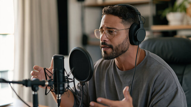 Brazilian voice actor performing passionate dubbed telenovela dialogue in recording booth, expressive hand gestures amplifying emotional delivery, Latin American broadcasting