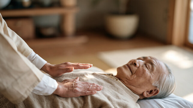 Elderly Japanese man receiving reiki energy work in a tranquil tatami room, practitioner's hands hovering above his chest, spiritual healing modality, complementary medicine,
