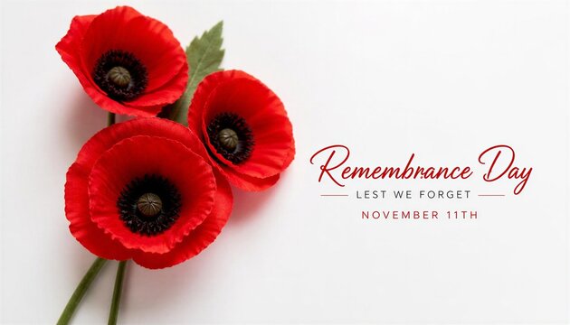 Remembrance Day red poppy flowers on white background with copy space
