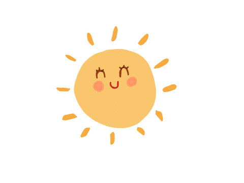 Cute smiling yellow sun with closed eyes, rosy cheeks and cheerful rays in a playful doodle