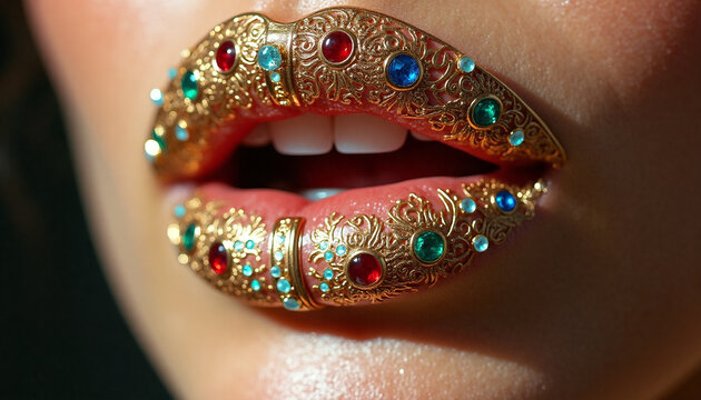 Macro close-up shot of woman lips adorned with ornate gold jewelry, filigree patterns, and embedded precious gems like rubies and emeralds. Luxury fashion and art