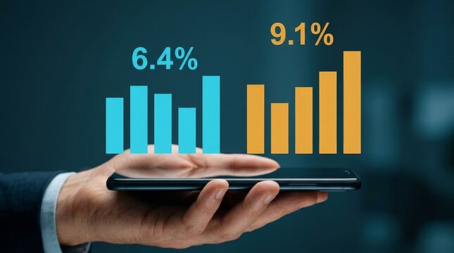 A hand holds a smartphone displaying blue and orange bar graphs in a corporate setting.