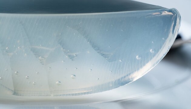 Extreme macro close-up of agar jelly, showing transparent crystalline structure, tiny trapped bubbles, smooth edges and subtle internal texture.
