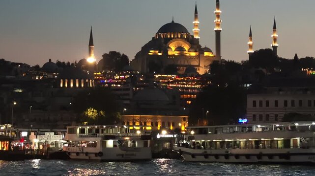 Timelapse Cityscape View of Bosporus and Illuminated Mosque in Istanbul at Night. High quality 4k footage